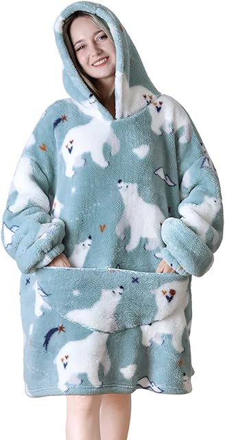 Queenshin Polar Bear Wearable Blanket Hoodie,Oversized Flannel Comfy Sweatshirt for Adults Women Girls,Warm Cozy Animal Hooded Body Blanket