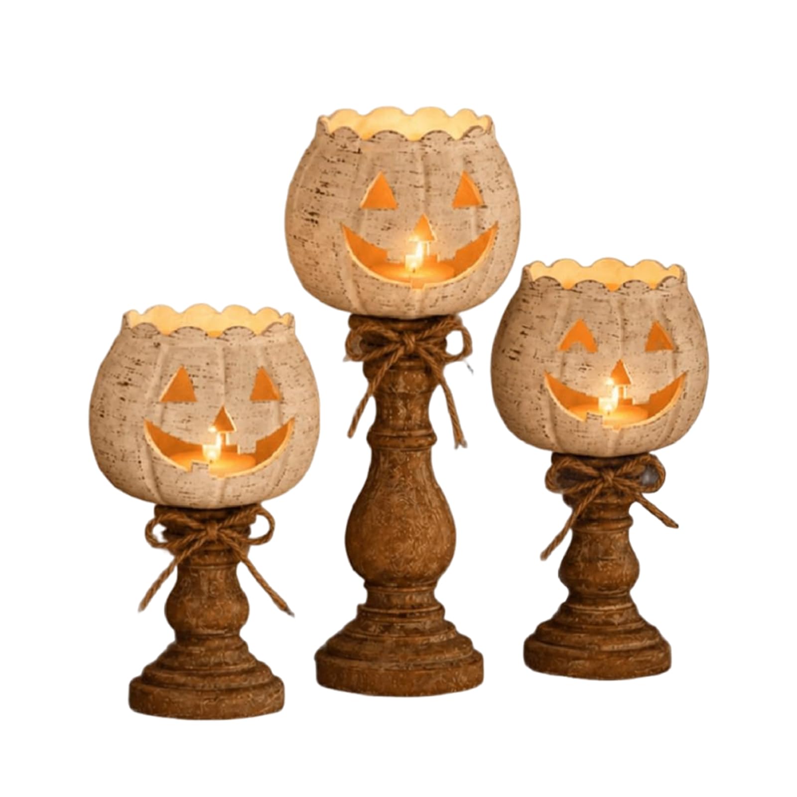 Rustic White Pumpkin Tealight Candle Holder Set Farmhouse Halloween