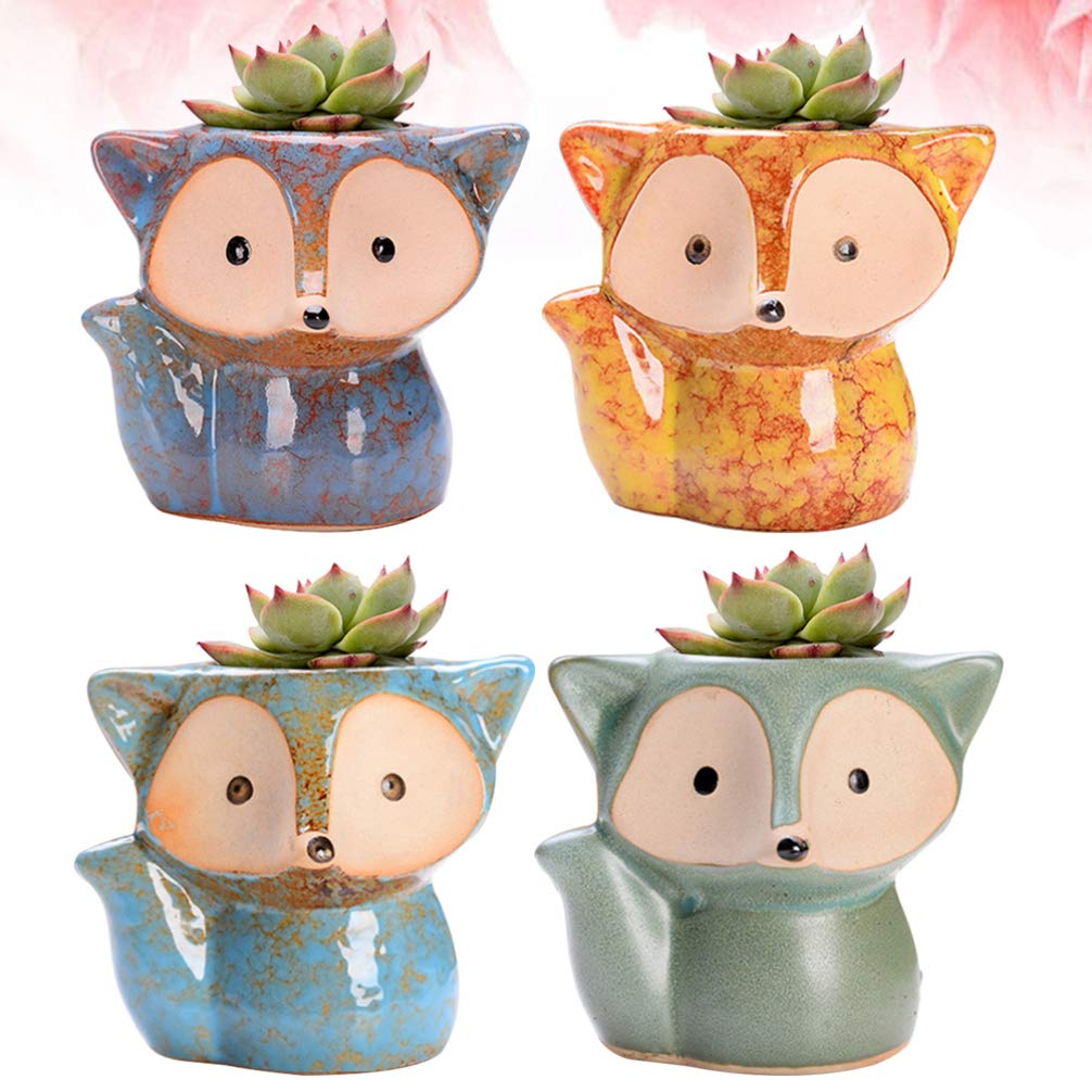 Pentole for piante in vaso succulente da giardino, 4 pezzi di volpe succulente in stile animale in ceramica in ceramica Mini bonsai Contenitore di piante for la decorazione della scrivania della casa