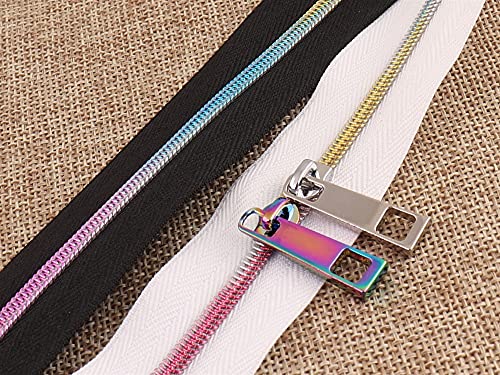 Lfang-Cremalleras # 3 5pcs 5yards Rainbow Nylon bobina cremalleras con Silver/Rainbow Cremallera Slider, blanco colorido, ideal para el vestido de bolsa de bolso, Duradero en uso(White,Rainbow)