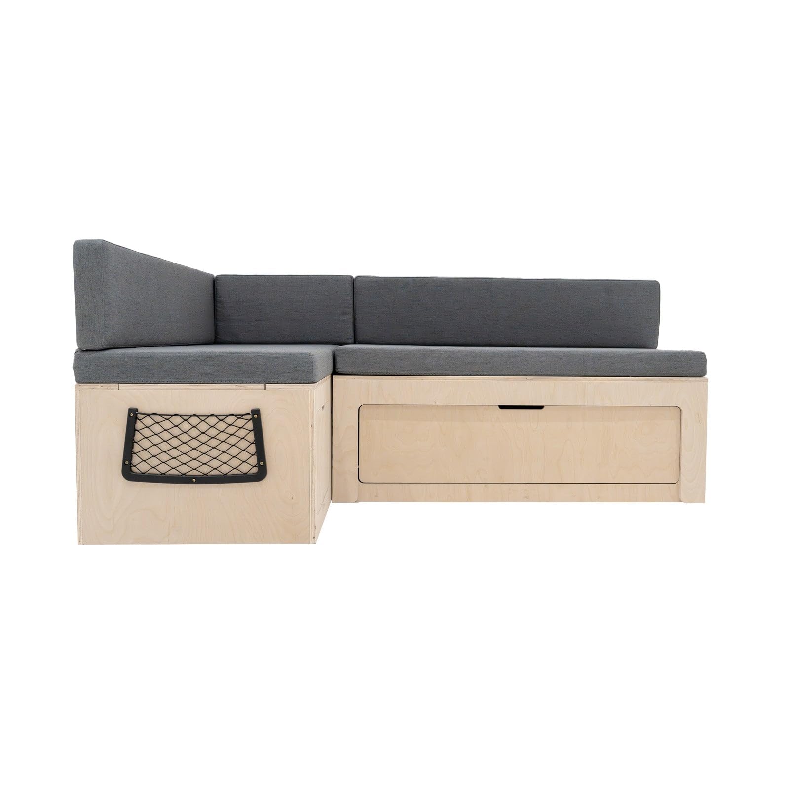 Canapé-Lit en forme de L, Bois de bouleau pour Camping-Car Rangement sous banc 2 filets rangement, Compatibilité avec plusieurs véhicules, 180cm x 120 cm [Coussins, Matelas & Fixations INCLUS]
