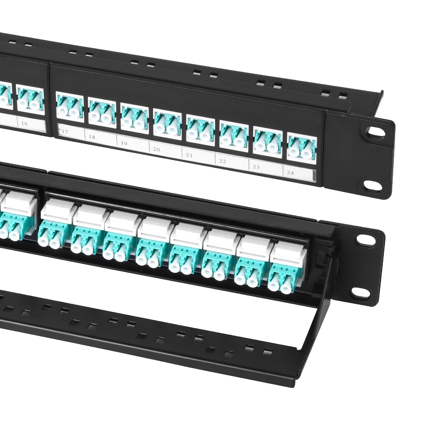 Lot de 2 panneaux de brassage en fibre à montage en rack 1U avec 24 coupleurs de fibre multimode LC-OM3/OM4 Jack Keystone Jack Modulaire (vis de rack incluses)