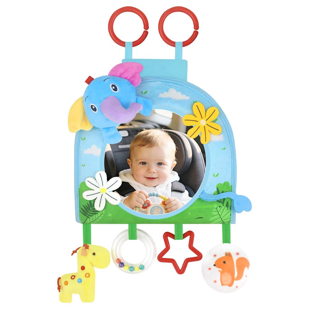 caterbee Baby Activity Hanging Toy with In-Sight Car Mirror, Adjustable for Car Seats, Strollers, Cribs, and Tummy Time, with Rattles, Crinkle Sounds, and Animal Design (Elephant)