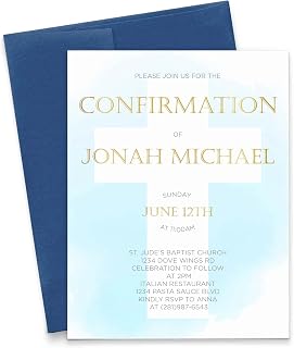 Modern Pink Paper Blue Watercolor Confirmation Invitations for Boys, Your choice of Quantity and Envelope Color