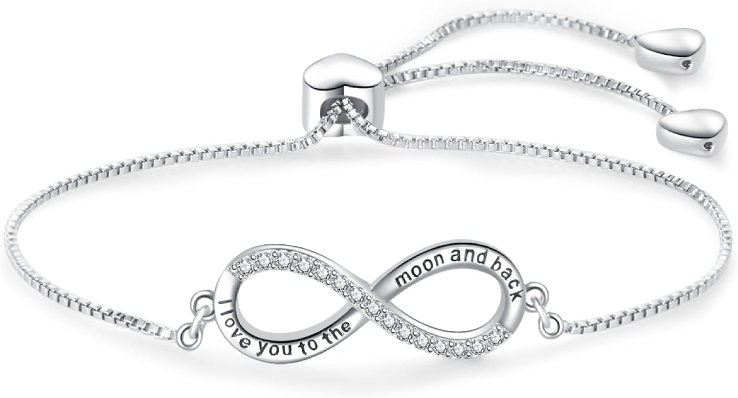 Silver Infinite Family Love Heart Slide Bracelets Christmas Birthday Jewelry Gift for Women Daughter Sister Adjustable Stainless Steel Bracelets