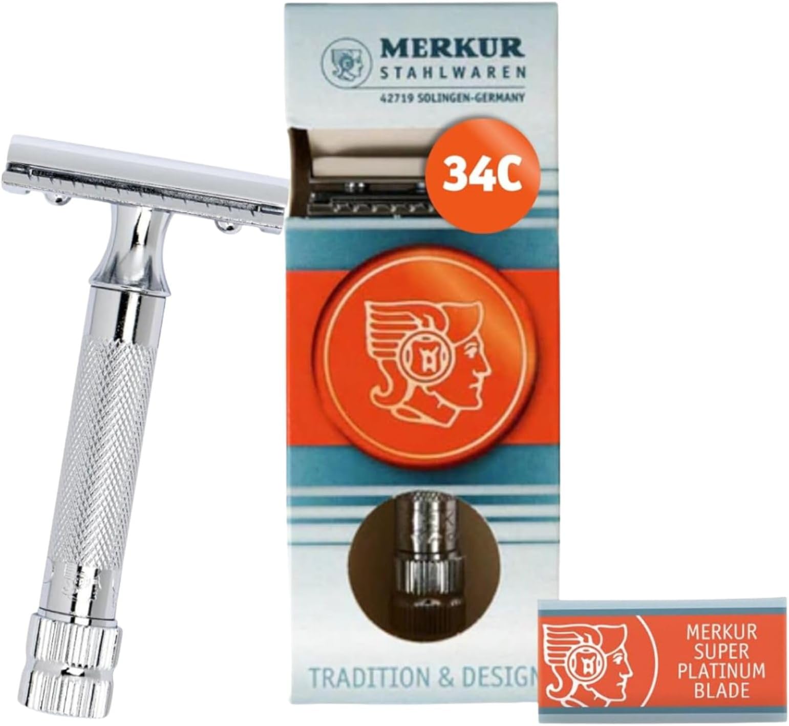 MERKUR Double Edge Razor, Made in Germany, 34C, Deep Shaving, Sensitive Skin, Short Handle, Shaver, Gift