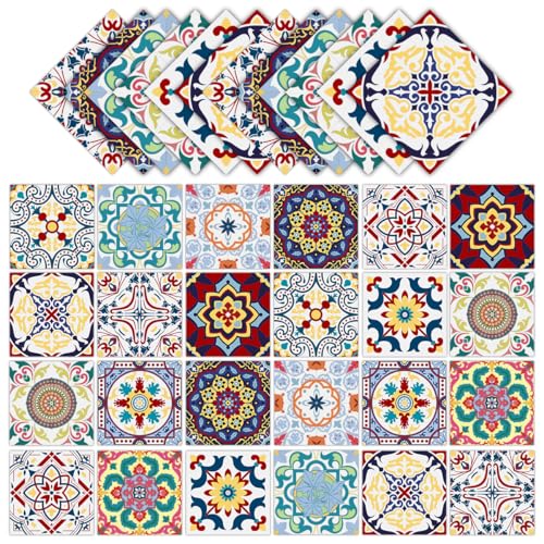 AWLZJZQA 24 PCS(4"x4") Retro Mexican Tile Sticker Peel and Stick Wall Tiles Decals Talavera Tile Kitchen Backsplash Boho Stick on Cover Up Stickers Waterproof Murals
