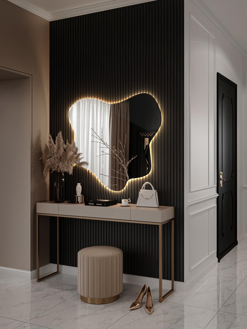 Miroir XXL rétroéclairé par LED 77,3 x 76,6 cm (30,4 x 30,2 pouces), blanc chaud, décoration murale unique de forme irrégulière, design ondulé, idéal pour le salon, la salle de bain ou la chambre.