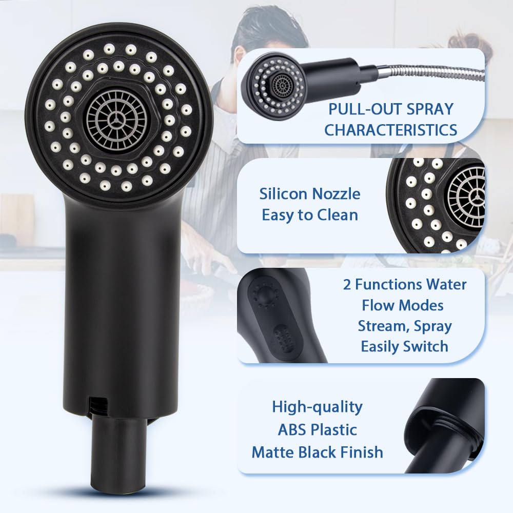 Ausziehbrause für Grohe Küchenarmatur-Teile 46298K00/46312KH0, herausziehbarer Sprühkopf, Wasserhahnkopf-Ersatz (weiches Schwarz)