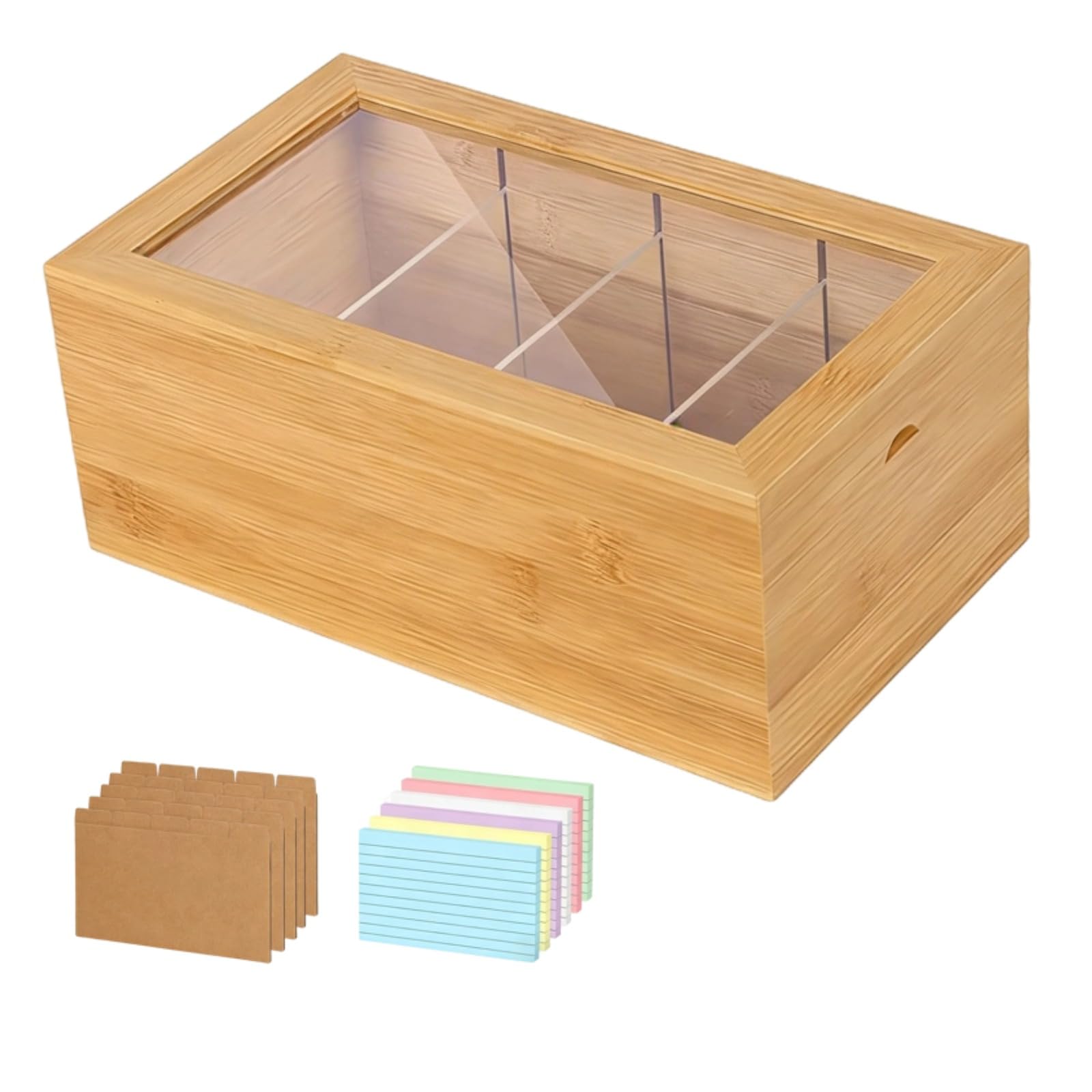 Porte-cartes en bois de pin 7,6 x 12,7 cm avec couverture transparente, 4 sections à rabat, organiseur de bureau, 25,4 x 15 x 10,2 cm, pour cartes de recettes, notes de visite, fournitures de