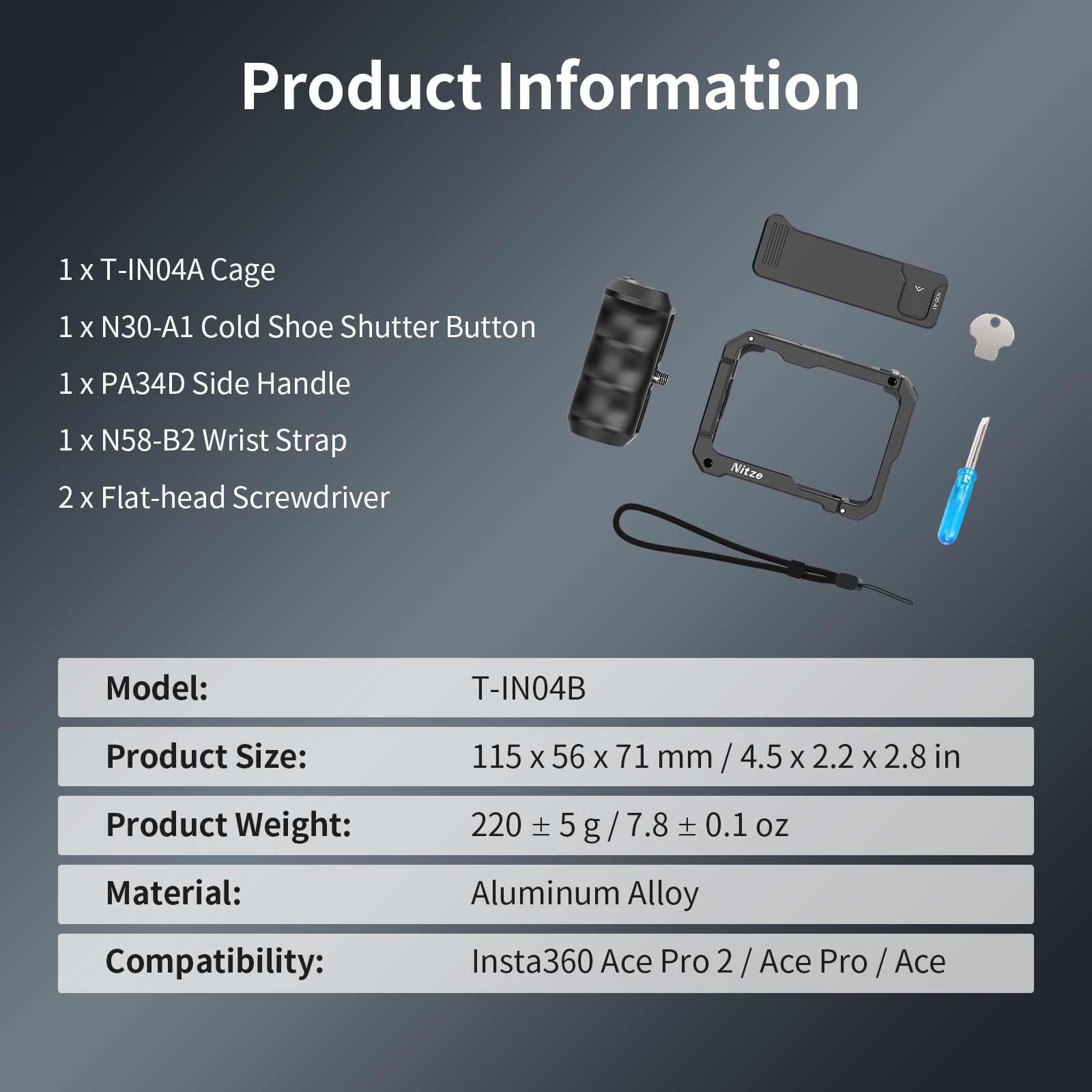 Nitze Xplorer Grip Kit for Insta360 Ace Pro 2/Ace Pro/Ace, Paquete de Empuñadura Xplorer con Jaula Ace Pro 2, Cold Shoe Shutter Button, Compatible con Disparos Verticales y Horizontales - T-IN04B