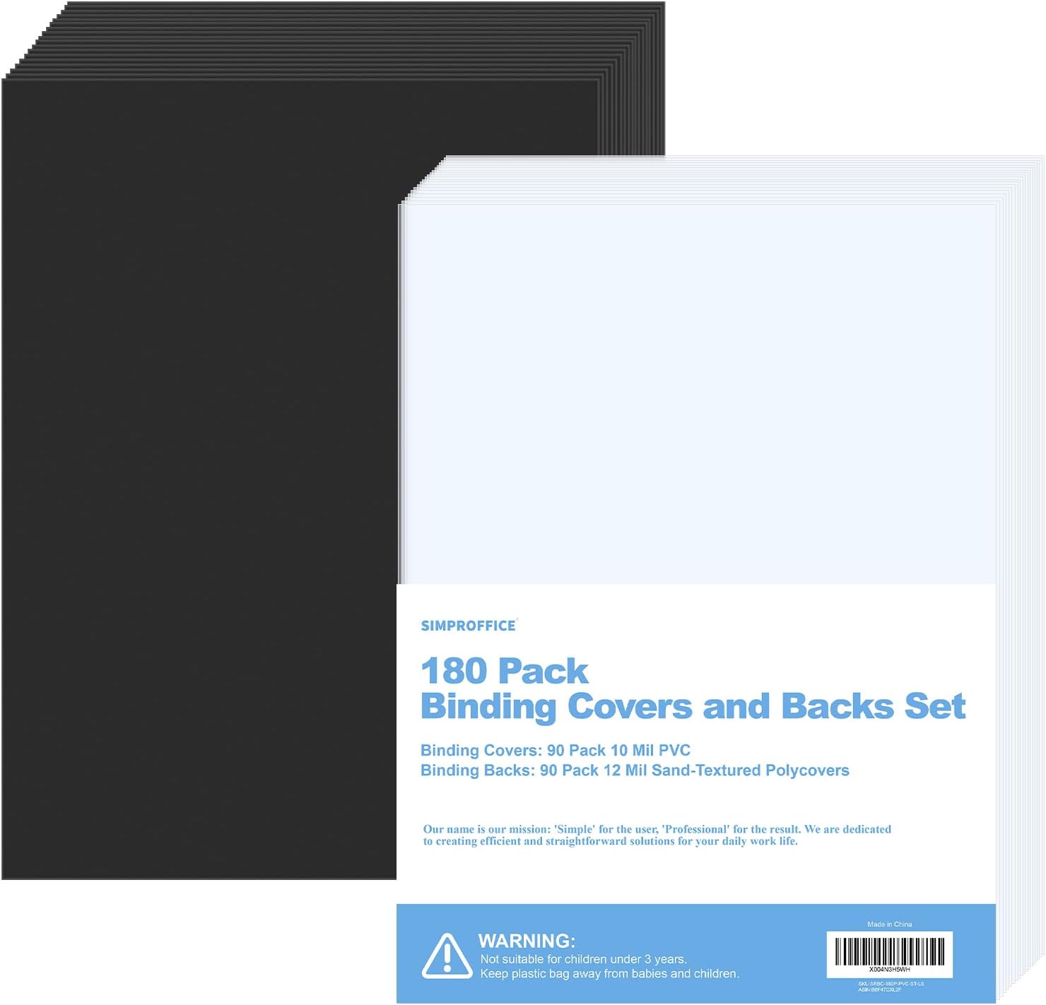 180 Pack Binding Covers and Backs Set, 8.5 x 11 Inches, 90P Clear PVC Covers (10 Mil), 90P Black Sand-Textured Polycovers (12 Mil)，Presentation Covers for Binding, Letter Size
