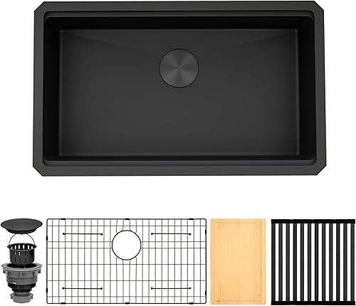Miniatura 143 de Fregadero de cocina negro de 33 pulgadas, fregadero de acero inoxidable calibre 16, fregadero de estación de trabajo de un solo tazón con reborde