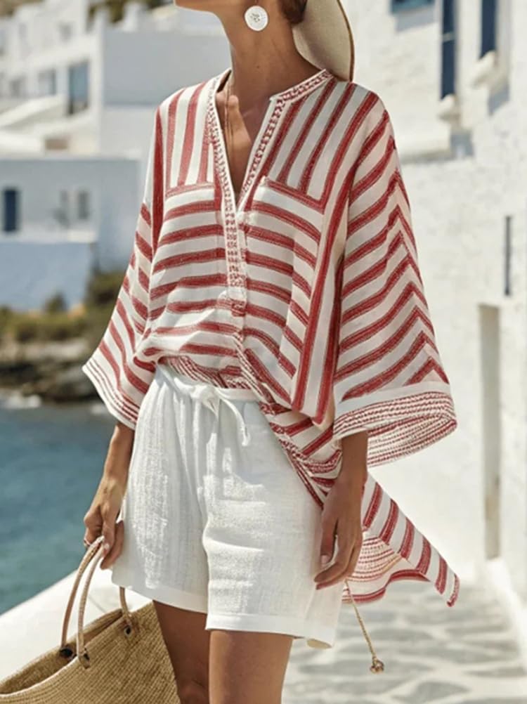 Conjunto Verano Mujer Dos Piezas Camiseta Manga Corta y Cuello V Pantalones Cortos Chándale Informal Chic Boho