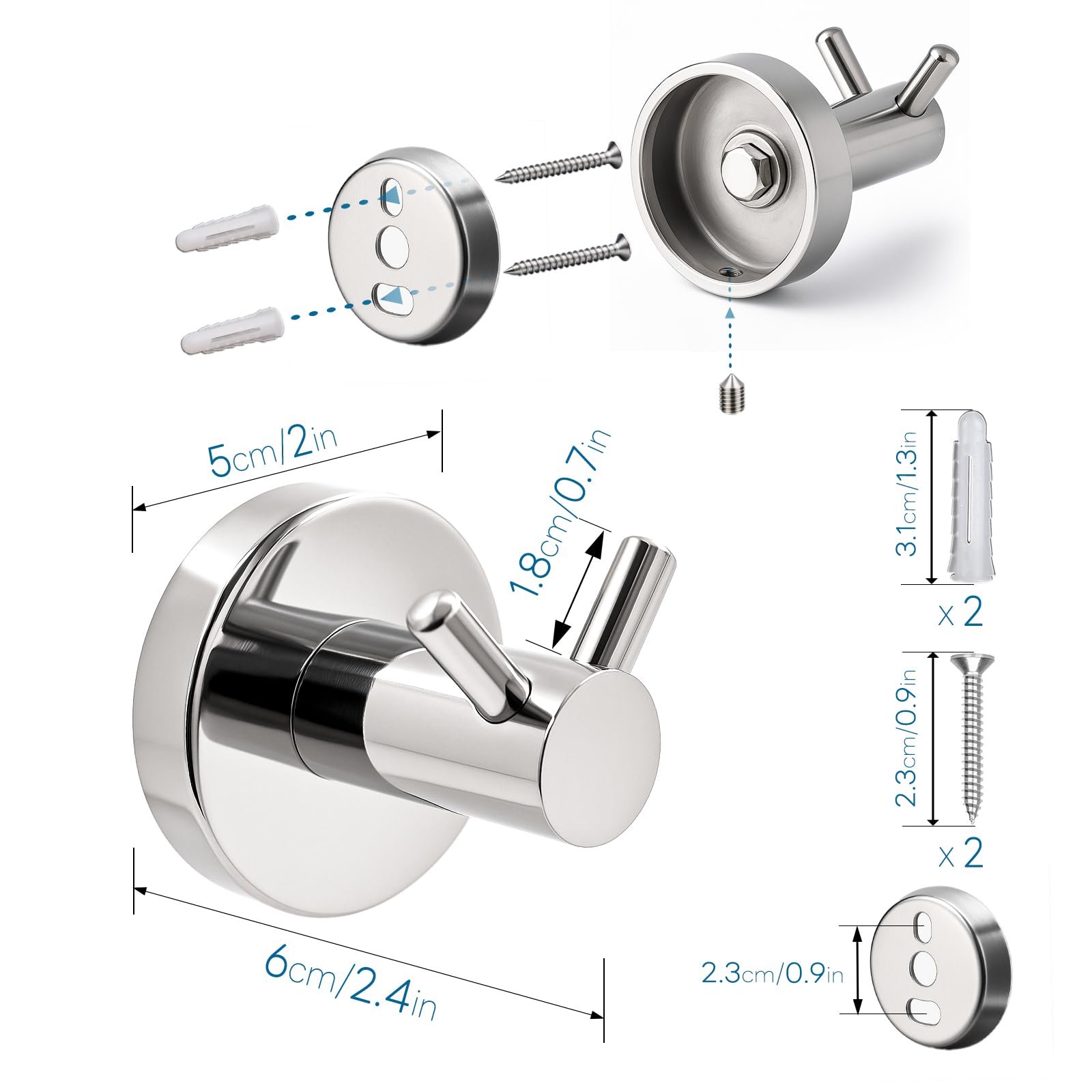 Set Premium 4 Piezas Acero Inoxidable 304 para Baño - Portarrollos, Toallero, Anillo & Gancho Doble (Montaje con Taladro, 15kg Capacidad) - Cromo Espejo para Hogar & Hotel