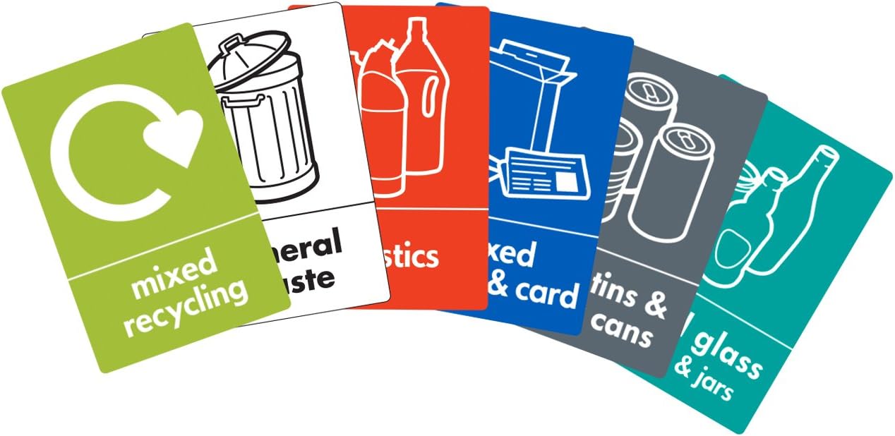 Recycling Bin Sticker Pack | 10 x 15 Centimeter | Set of 6 Stickers