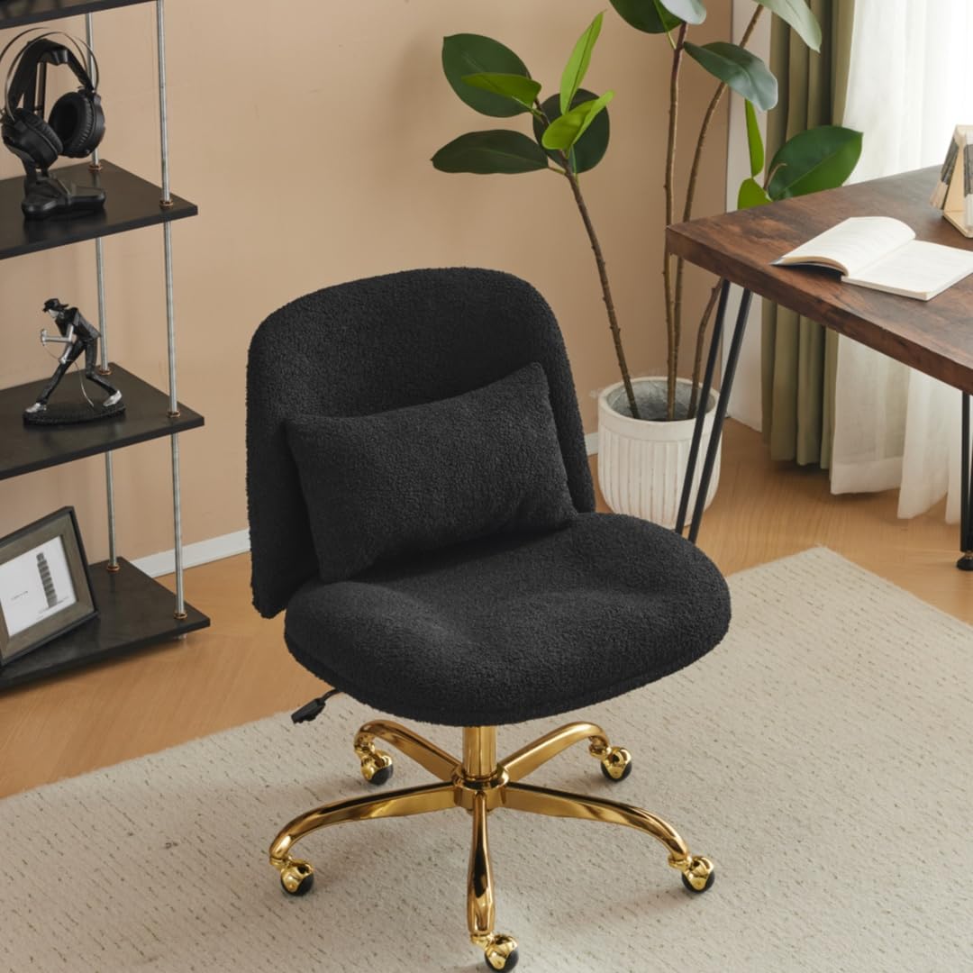 Bonnlo Silla de Oficina sin reposabrazos, Silla Escritorio sin Brazos, Silla de Tocador con Cojín Lumbar, Altura Ajustable, Silla de Escritorio Ancha, Ideal para Home Office, Tejido Teddy