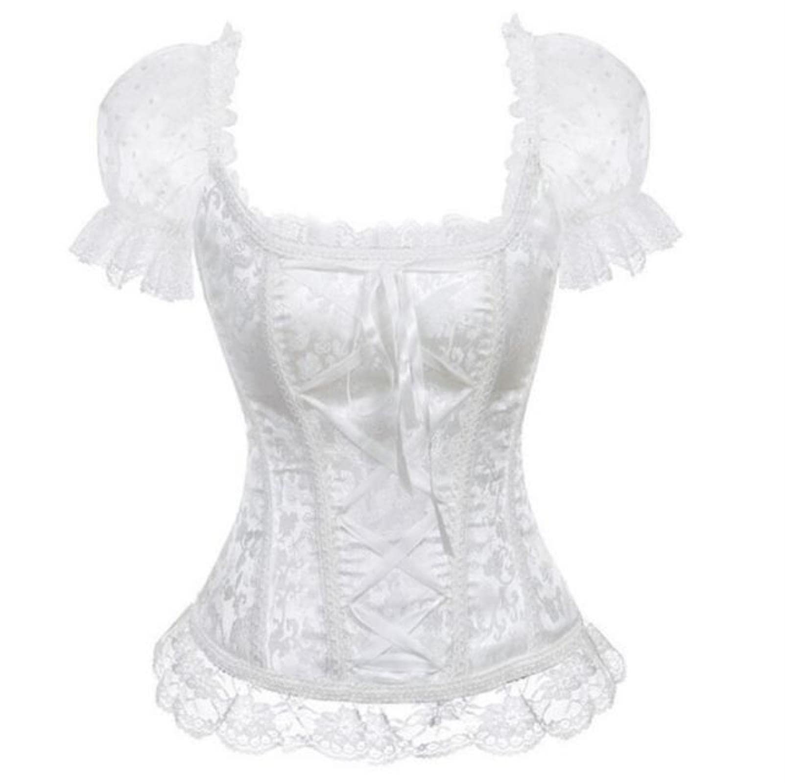 Steampunk Corset Bustier Gothic Corselet Sexy Short Sleeve Lace Up Bustiers White for Party Wedding
