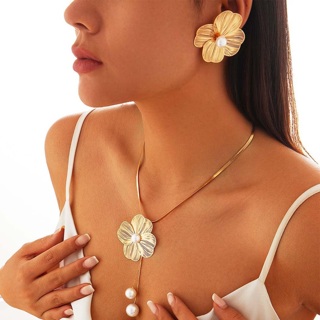 Yean Gold Flower Jewelry Set Floral Necklace and Earring Set Choker Necklaces for women - Image 6