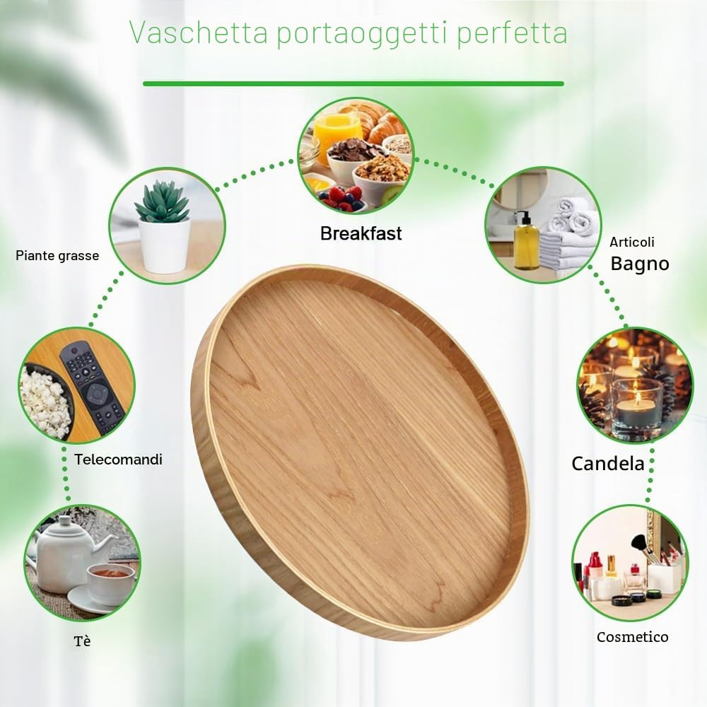 Vassoio Rotondo in Legno da 30cm - Piatto da Portata Tondo e Decorativo per Tè, Caffè, Frutta e Cibo
