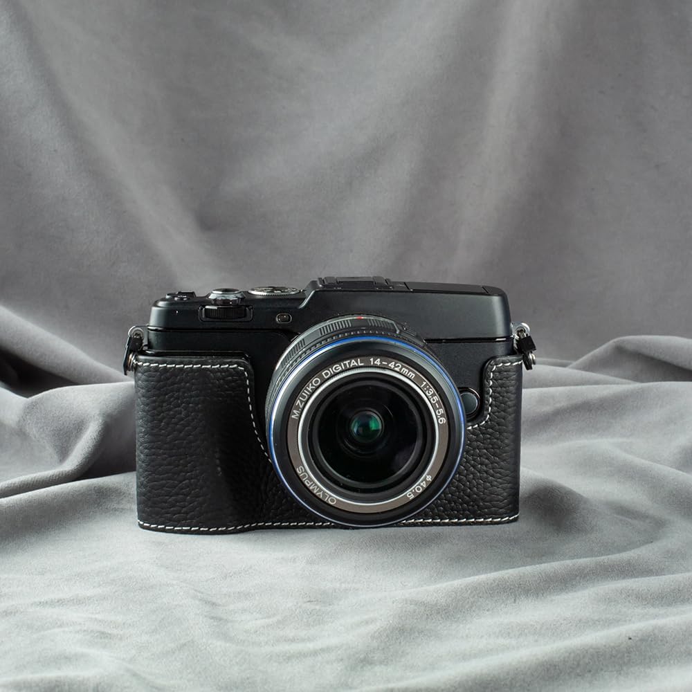 Vintage Genuine Leather Camera Case Handcrafted Half-Wrap Camera Case For Olympus PEN E-P5 M43 (Black)