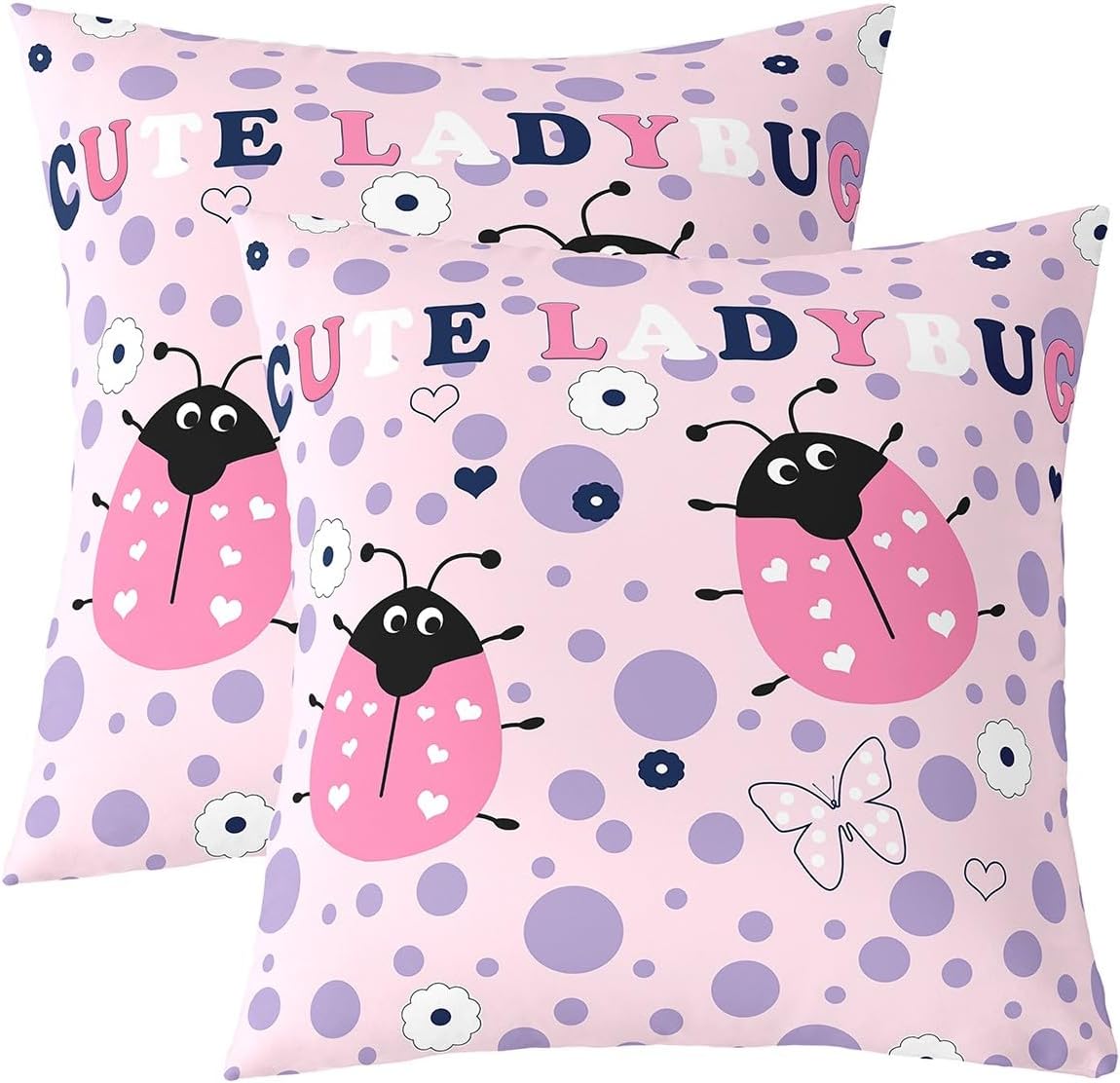 Cute Ladybug Throw Pillow Covers 24"x24" Cartoon Dasiy Flower Pillowcases Wild Animal Theme Reversible Print Cushion Cover Green Botanical Leaves Pillow Covers for Sofa,Set of 2
