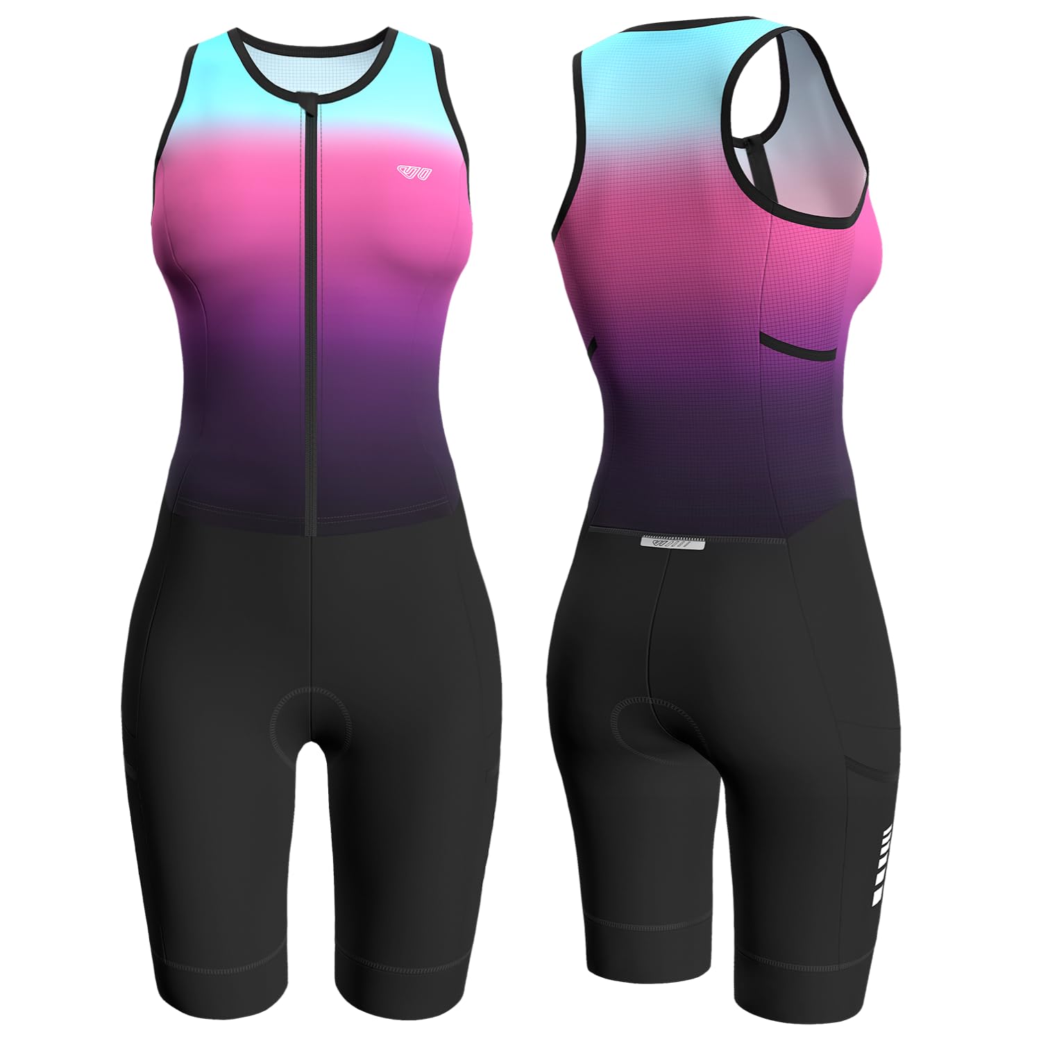 Wulibike Damen Triathlon Anzug Ärmellos Trisuit Gepolstert Schnell Trocknend Atmungsaktiv Full-Zip Tri Suit 4 Taschen Schwimmen Radfahren Laufen