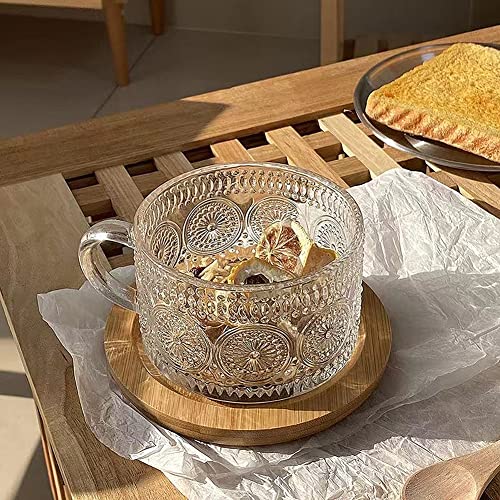 Kickmove 4 Pack 14Oz Vintage Coffee Mugs, Glass Cups With Spoons Clear Embossed Tea Cups, Glass Coffee Mugs Ideal For Latte, Cereal, Tea #TOP4