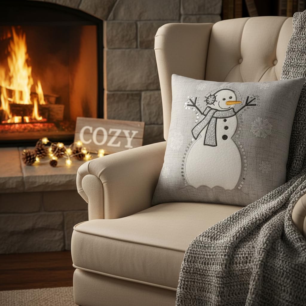 Comfy Hour 35 cm x 35 cm zimowy Boże Narodzenie bałwan w szaliku i słuchawkach płatek śniegu akcent poduszka sezonowa poduszka