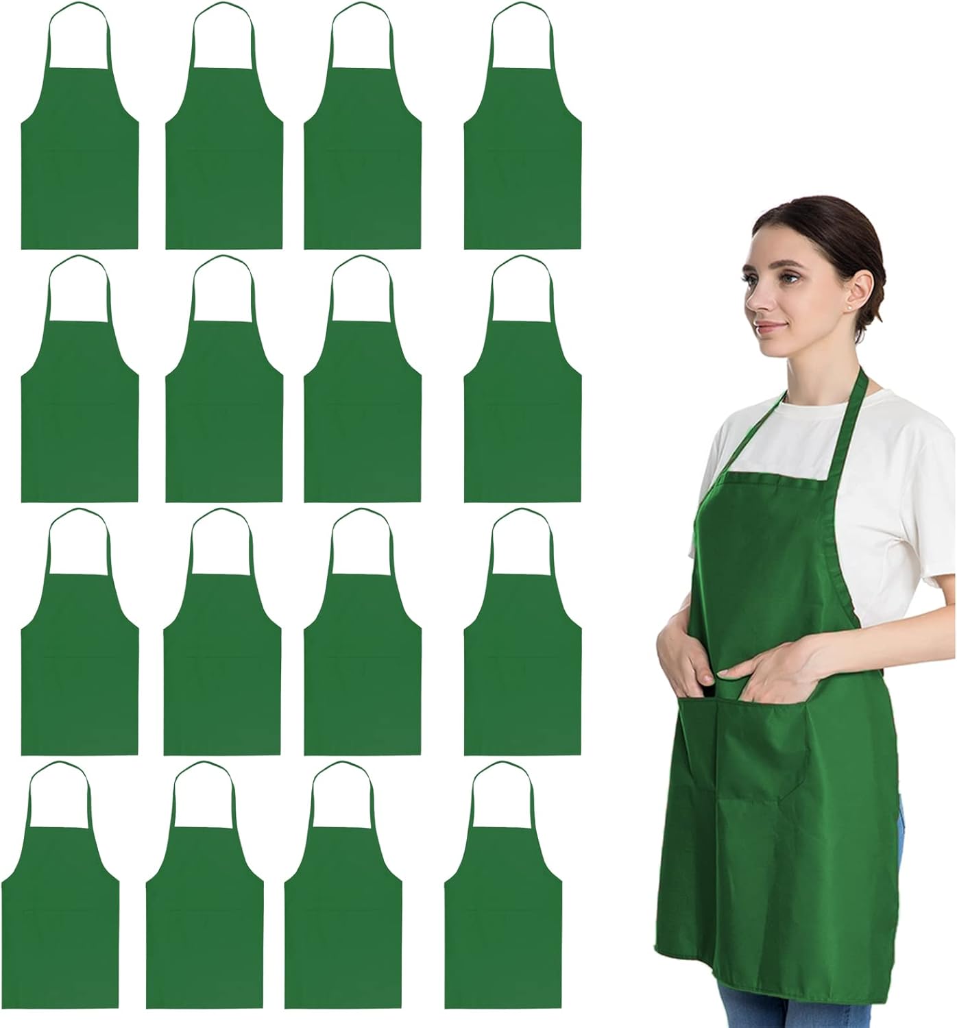 LOYHUANG 16 Pack Green Bib Plain Aprons Bulk for Women Men