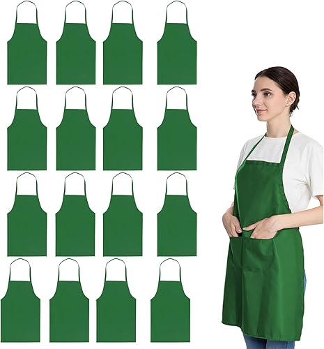 Paquete de 16 delantales lisos con peto verde a granel para mujeres, hombres y adultos, con 2 bolsillos, para cocinar, cocinar, pintar, hornear,