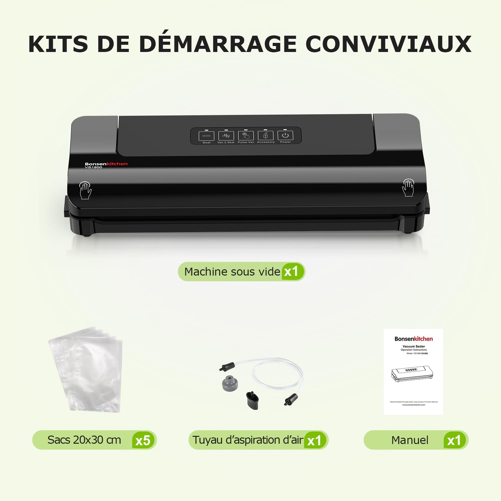Bonsenkitchen Machine sous vide alimentaire – Appareil compact multifonction avec 4 modes, 5 sacs sous vide et tuyau d’aspiration pour conserve sous vide maison