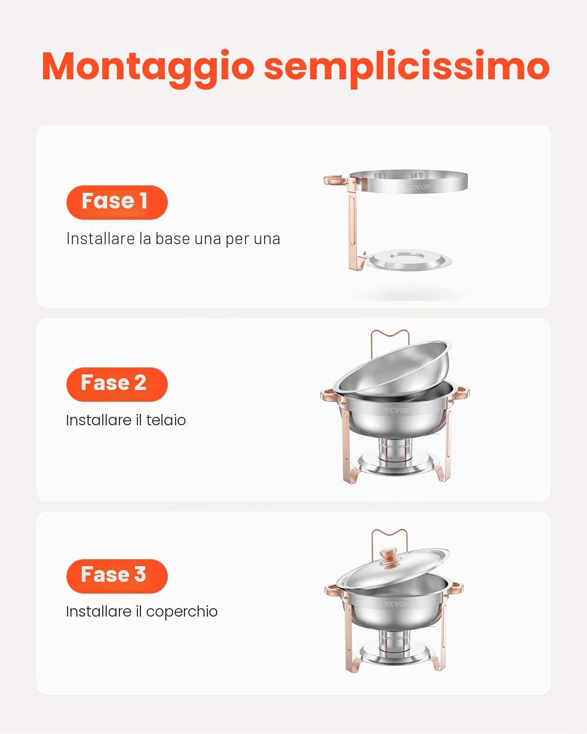 VEVOR Scaldavivande per Buffet con 4 Padelle Full Size Dispenser di Calore Rotondo per Catering con Coperchio, Porta Carburante e Vaschetta per l'Acqua per Matrimoni, Feste, Oro Rosa 4,7 L