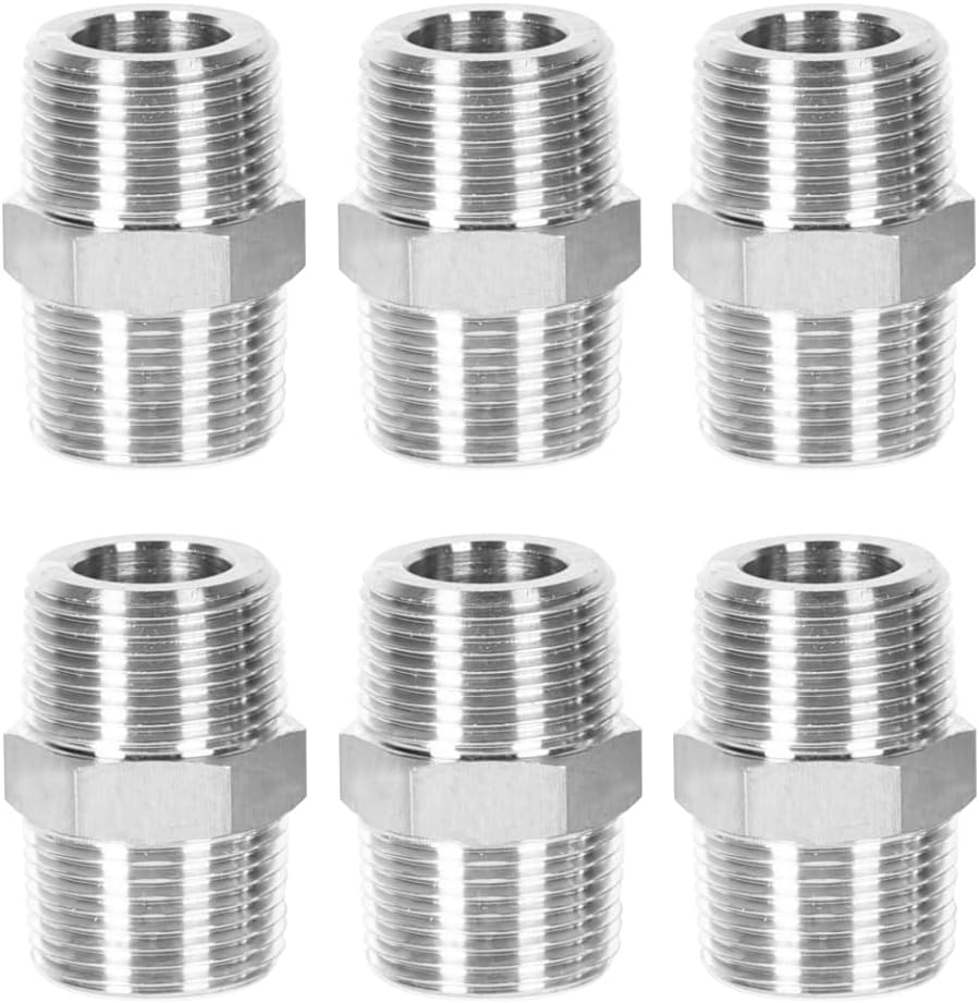 6PCS 1/8" NPT Male Stainless Steel Nipple Pipe Fitting Hex Connectors