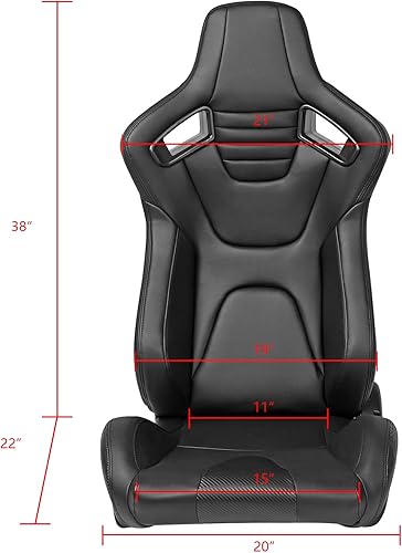 Miniatura 3 de IKON MOTORSPORTS, Asientos universales de carreras con deslizadores dobles, reclinables negros con puntada negra de poliuretano y cuero de carbono,