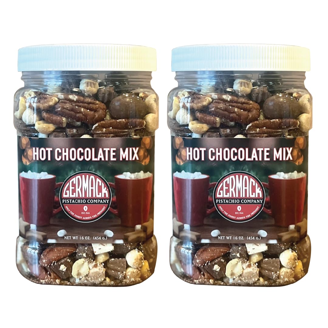 Germack® - Hot Chocolate Mix - Premium Chocolate & Nut Snack Mix - Milk Chocolate Almonds, Marshmallow Truffles, Peanuts, Cinnamon Graham Chortles, White Chocolate Chunks, and Pecans (Set of 2, 16oz jars)