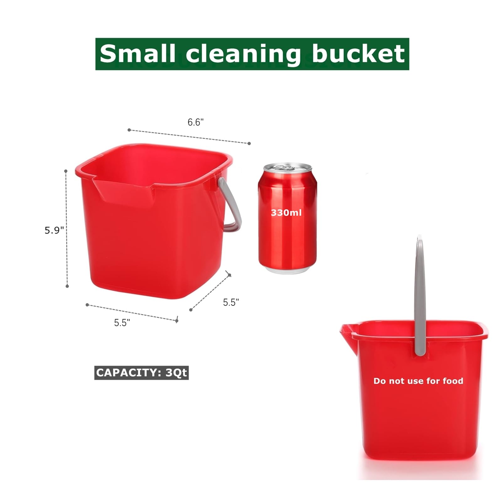 Lot de 4 seaux désinfectants carrés de 3 litres, petits seaux de nettoyage empilables avec poignée, pour restaurant, magasin, maison, cuisine, bureau, école, rouge