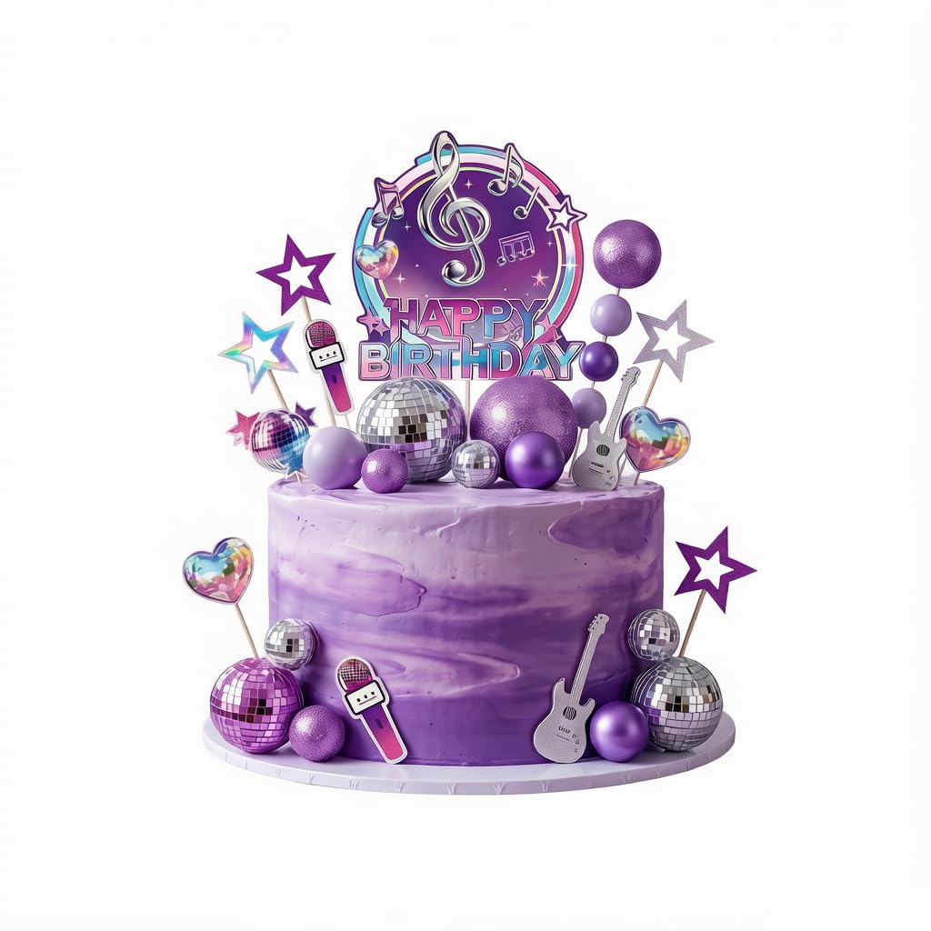 38PCS Purple Cake Decorations Disco Ball Cake Toppers with Glitter Ball