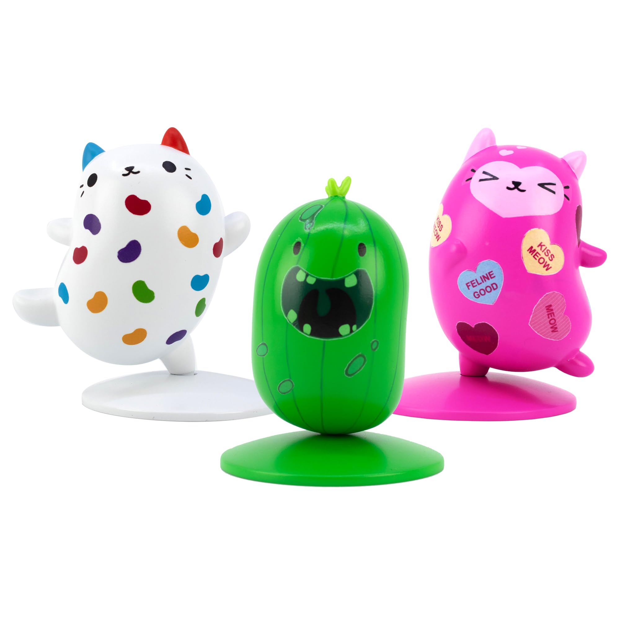 Cats vs Pickles Mini Figure 3-Pack | Mini Figures for Kids | Little Animal Figurines | Plastic Toys for Kids & Adults | Figures for Boys & Girls | Figurine Toys | Be Mine Kitty, Jelly Bean, Frances
