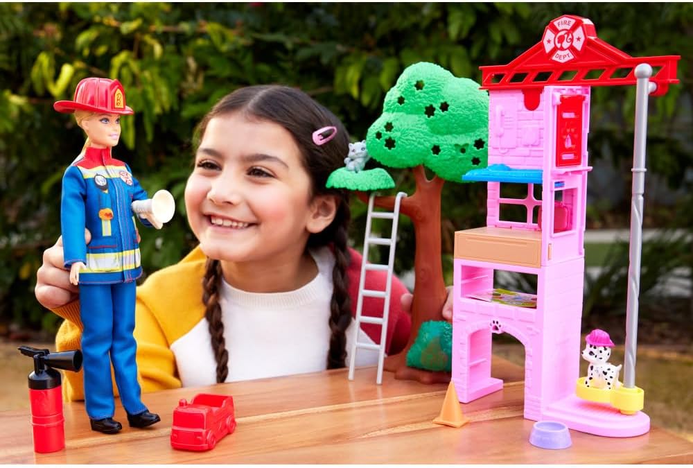 Barbie Careers Firefighter Doll & Playset with Fire Station & Tree, 2 Pets, Color-Change & 10+ Accessories Including Fire Extinguisher Squirt Toy