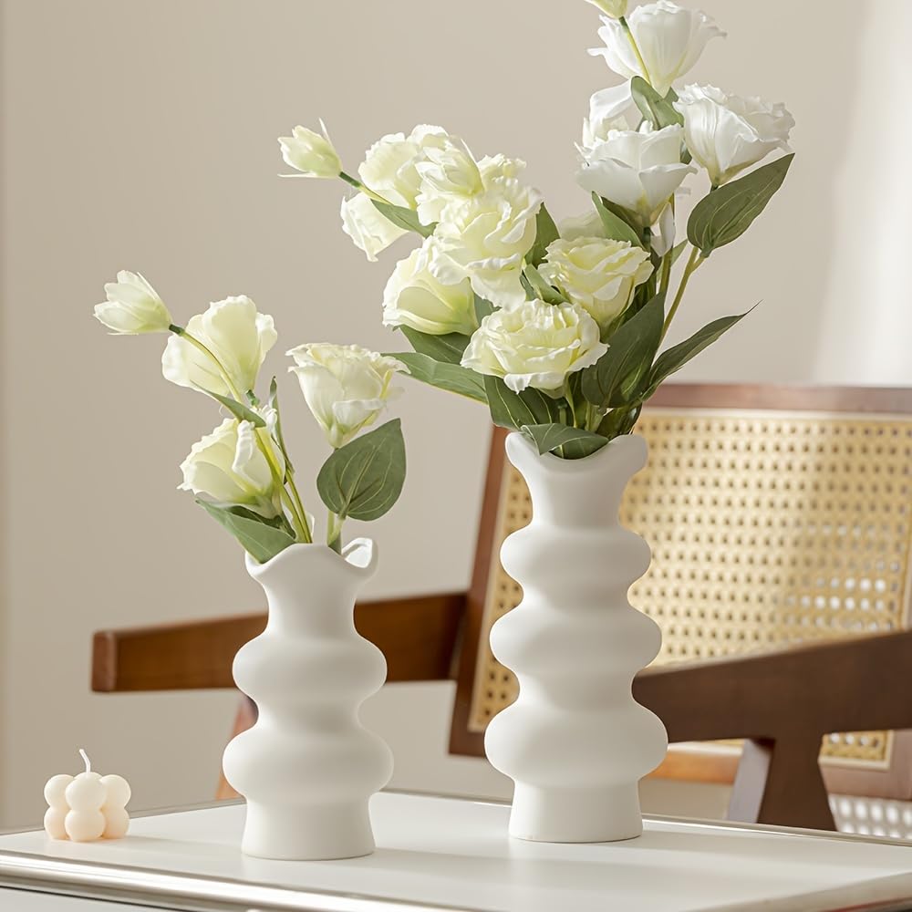 Modern Decorative Ceramic Vase Set, 2pcs, 16cm & 21.5cm, White, for Home Decor, Pampas Grass, Dinner Table, Living Room (S&L) (B)