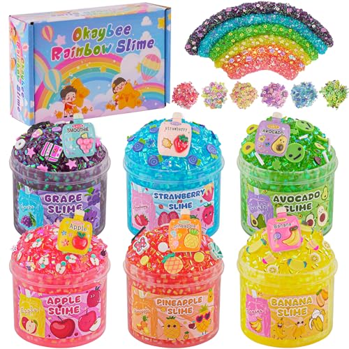 Okaybee 6 Pack Bingsu Crunchy Slime Kit, Rainbow Slime for Kids, with Cute Slime Charms & Add-ins, Slime Party Favors Sensory Toys, Holiday Birthday Easter Hallowmas Christmas Girls Gift & Boys Gift
