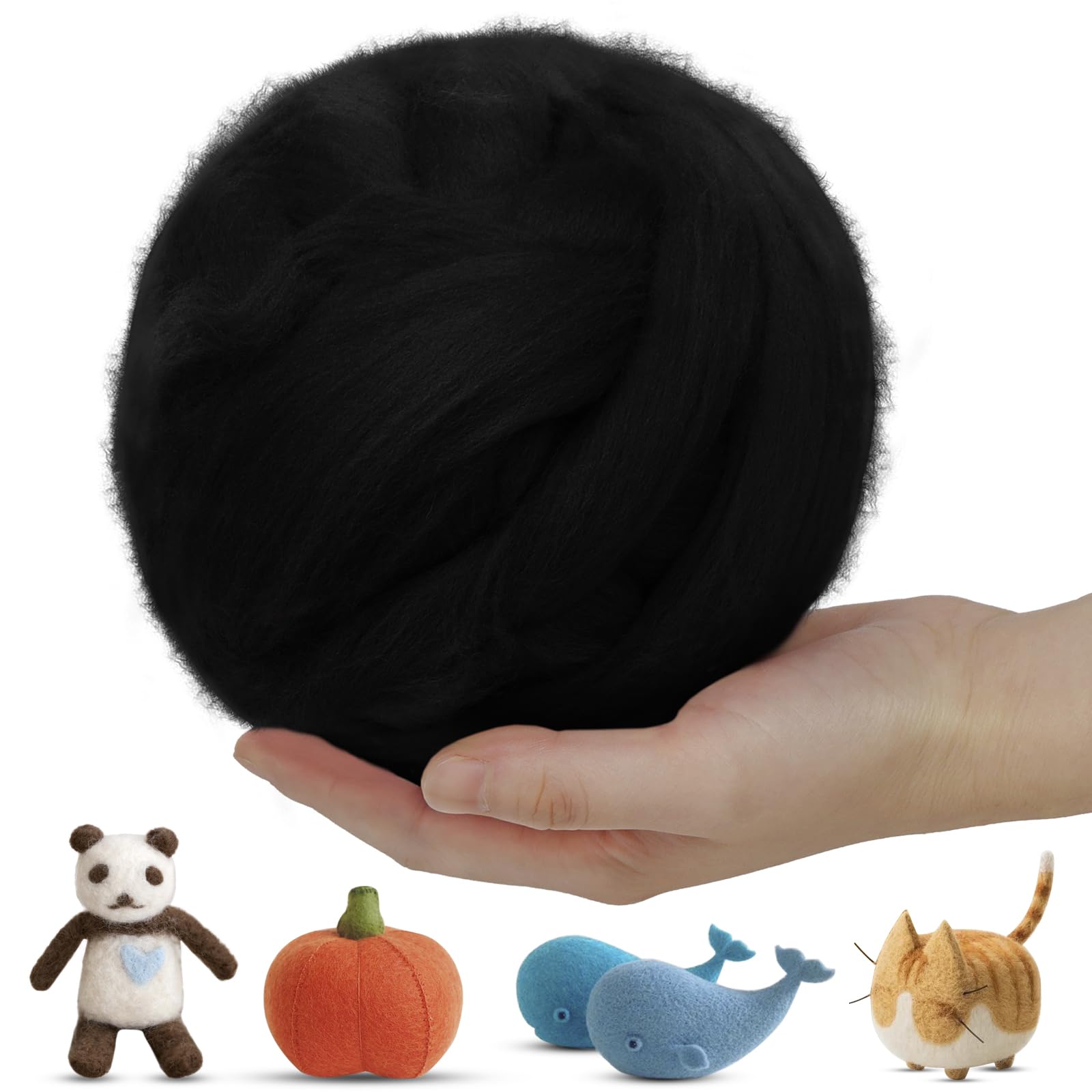 LEREATI Wool Roving for Needle Felting, 500g Felting Wool Yarn Needle Felt Wool Chunky Yarn, Core Wool for Needle Felting, Hand Spinning, Wet Felting, DIY Handcrafts (Black)