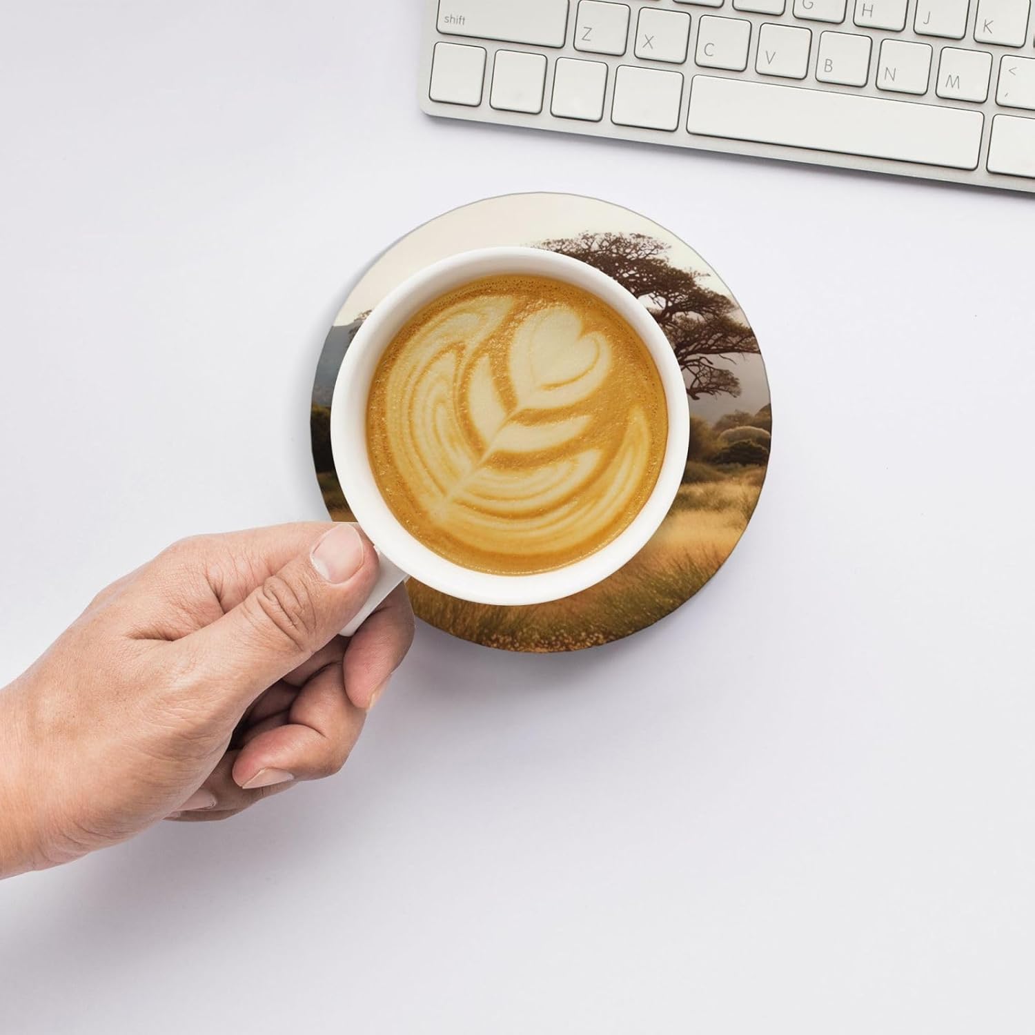 ドリンクコースター6枚セット セラミックコースター ホルダー付き アフリカツリー ラウンドコースター ドリンク用 卓上保護 カップマ