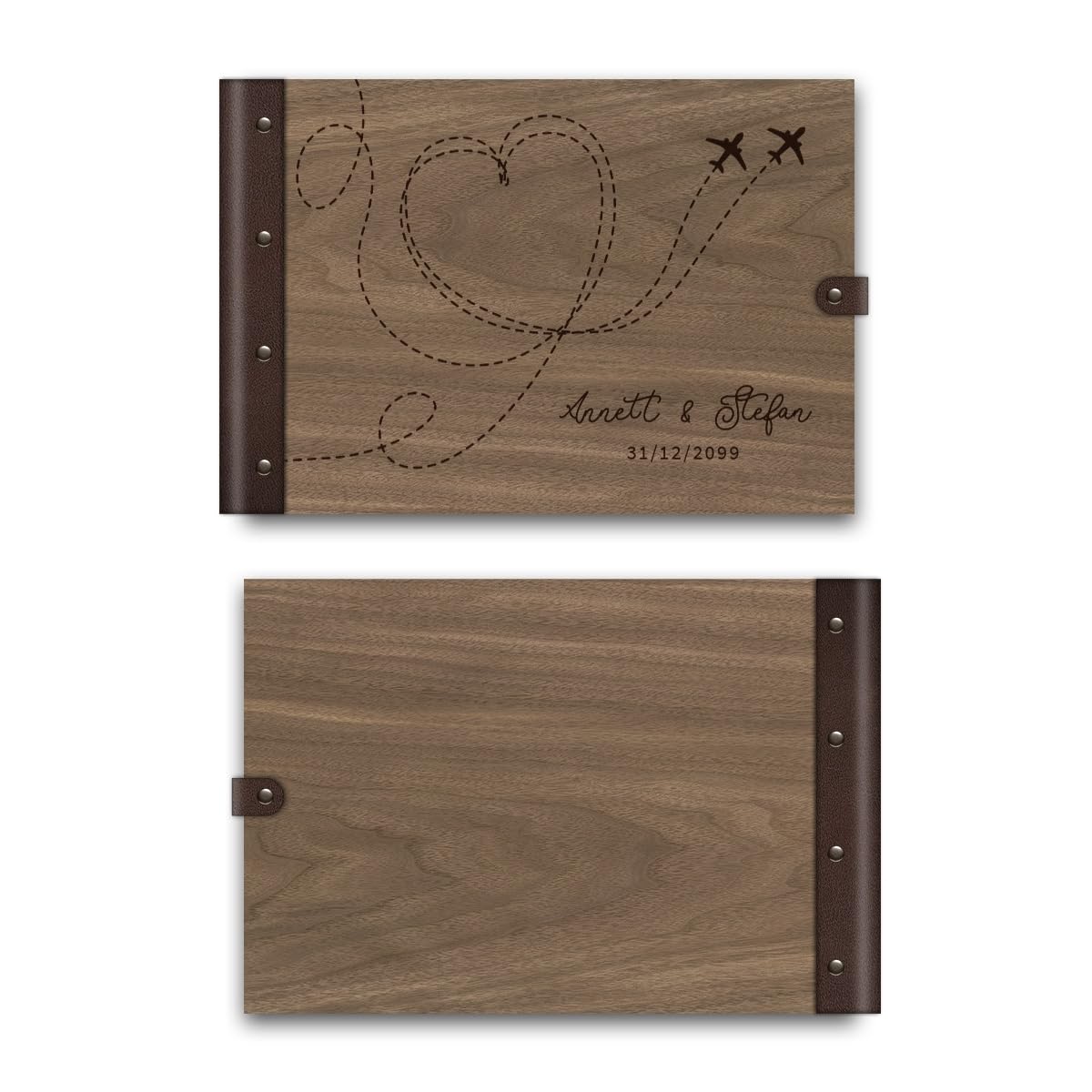 Personalisiertes Hochzeit Gästebuch echtes Holz DIN A4 Erinnerungsbuch mit Lasergravur - Flugzeuge - mit 72 Blatt / 144 Seiten Naturpapier Weiß