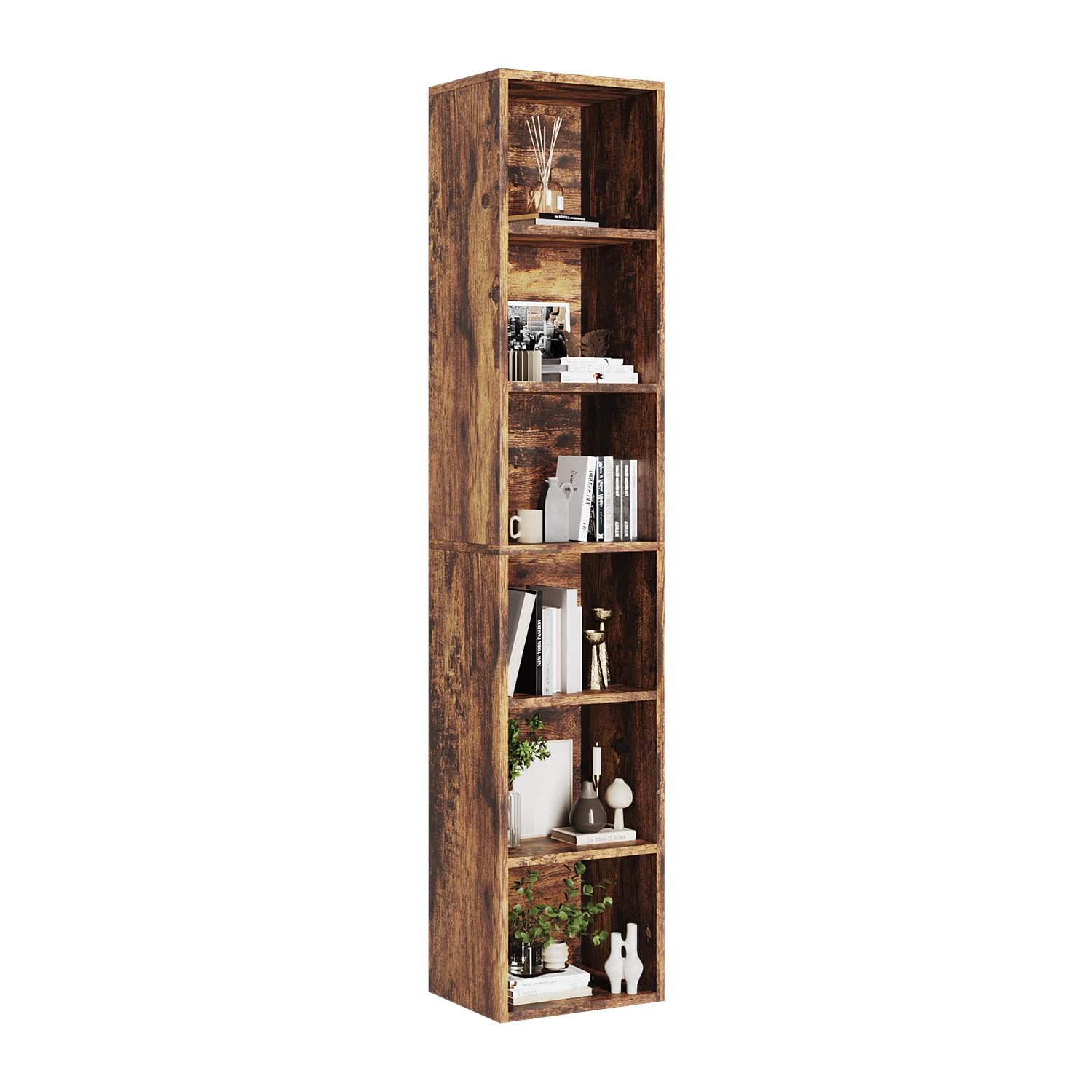 oneinmil Estantería de Libros,Estantería Columna Vertical con 6 Cubos,Estantería,Organizador con Compartimentos,para Oficina,Sala de Estar,Salón,Dormitorio,23.5 x 30 x 181 cm,Marrón