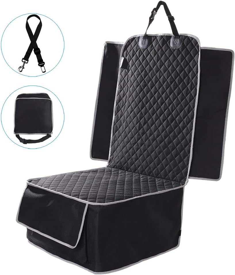 AMOCHIEN Dog Front Seat Cover for Car - 100% Waterproof Oxford Quilted Non-Slip Car Seat Pet Protector with Storage Bag, Free Bonus– Pet Seatbelt & Headrest Protector