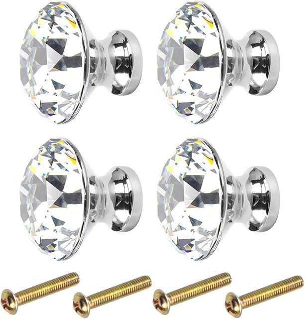 Kissral Drawer Knobs Crystal with Screws Clear 4pcs Drawer Handles Silver Door Knobs Vintage Wardrobe Handles Pull Handle for Chest Cupboard Kitchen Cabinet Cupboard Furniture Home Decorating
