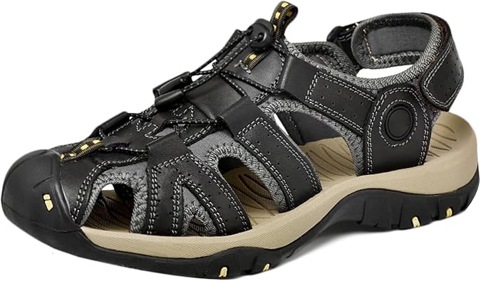 HNVAVQ Men's Closed Toe Leather Outdoor Hiking Sandals