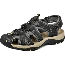 HNVAVQ Men's Closed Toe Leather Outdoor Hiking Sandals | Water Shoes Athletic Sport Walking Summer Leatehr Fisherman Shoes